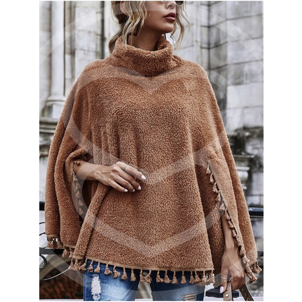 boho soft sherpa turtleneck poncho coat jacket - Picture 2 of 4